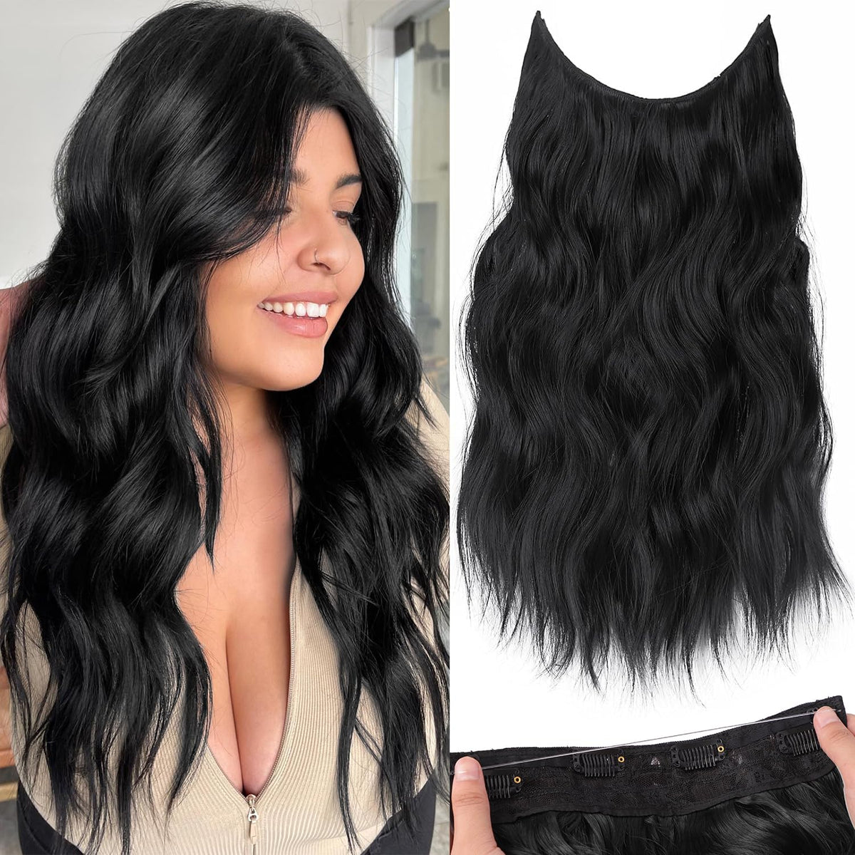 KooKaStyle Wavy Invisible Wire Clip In Hair Extensions Black front view