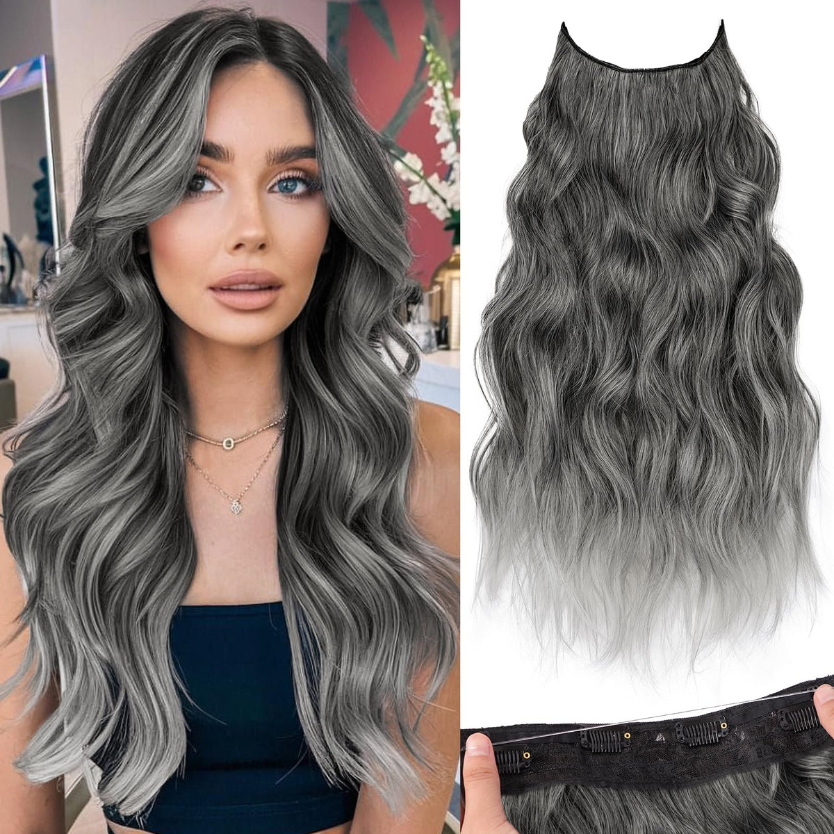 KooKaStyle Wavy Invisible Wire Hair Extensions 20" Grey/Silver front view