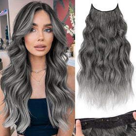 KooKaStyle Wavy Invisible Wire Hair Extensions 20" Grey/Silver front view