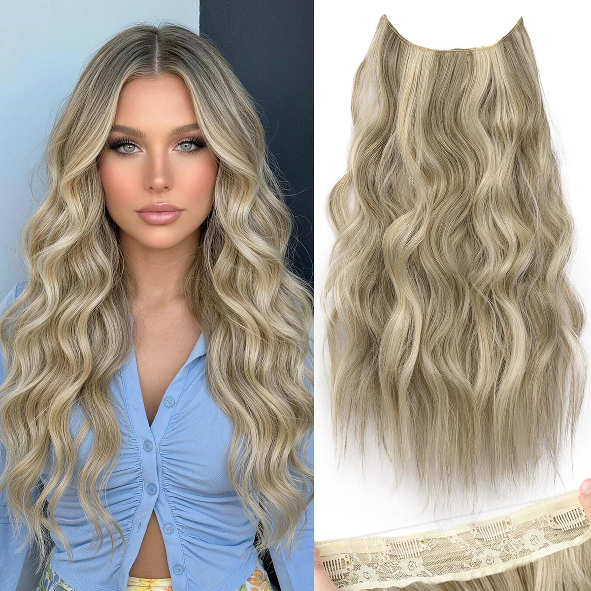 KooKaStyle Wavy Invisible Wire Hair Extensions 20-inch Ash Brown/Platinum Blonde front view