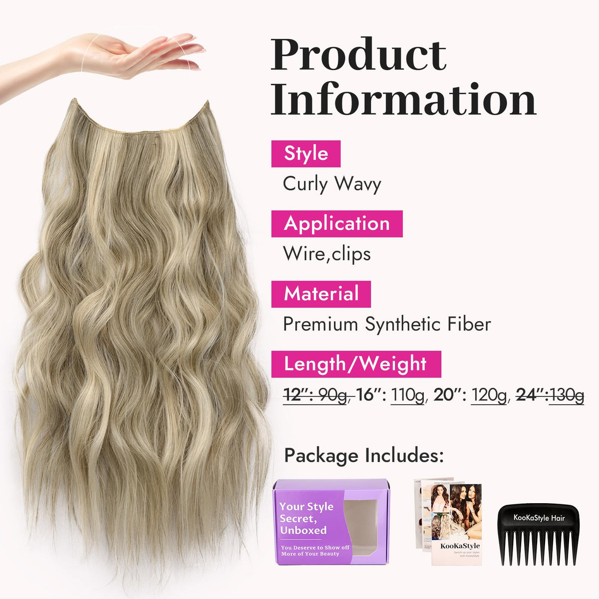 KooKaStyle Wavy Invisible Wire Hair Extensions 20-inch Ash Brown/Platinum Blonde packaging