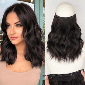 KooKaStyle Wavy Invisible Wire Hair Extensions Dark Brown front view