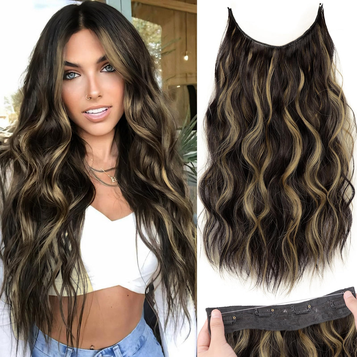 KooKaStyle Wavy Invisible Wire Hair Extensions front view