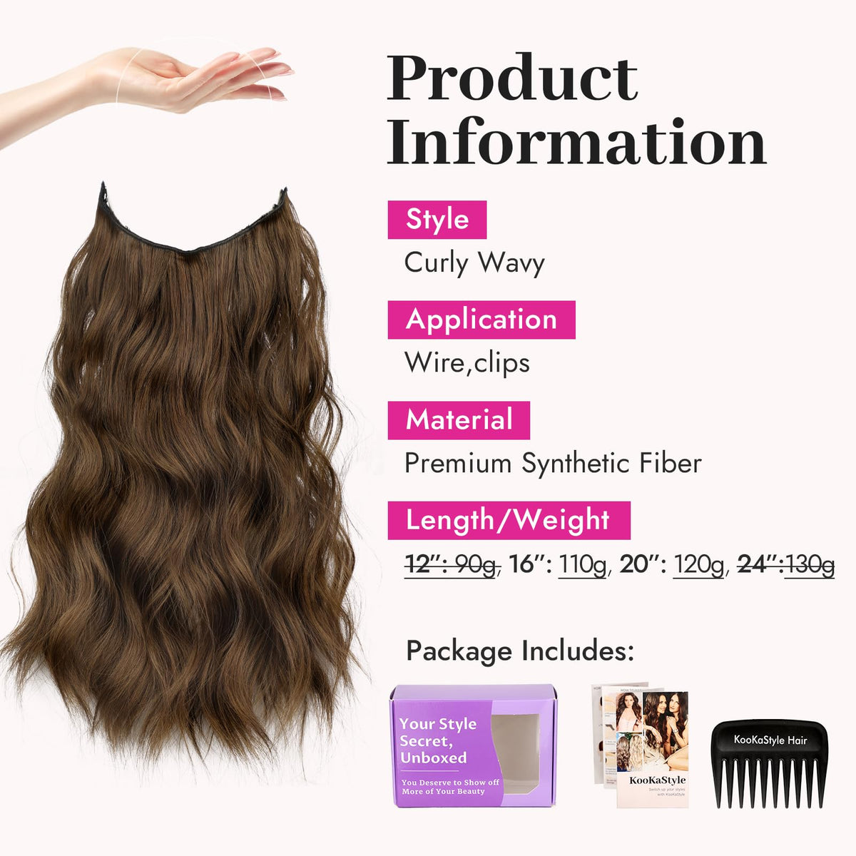 KooKaStyle Wavy Invisible Wire Hair Extensions packaging