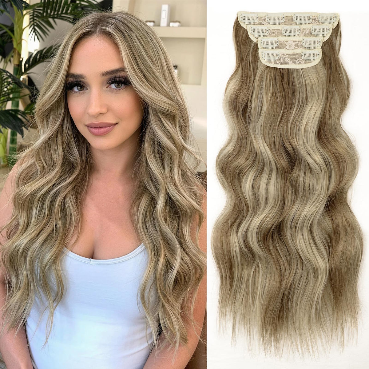 KooKaStyle Wavy Thick Clip in Hair Extensions 20" Dark Ash Blonde front view