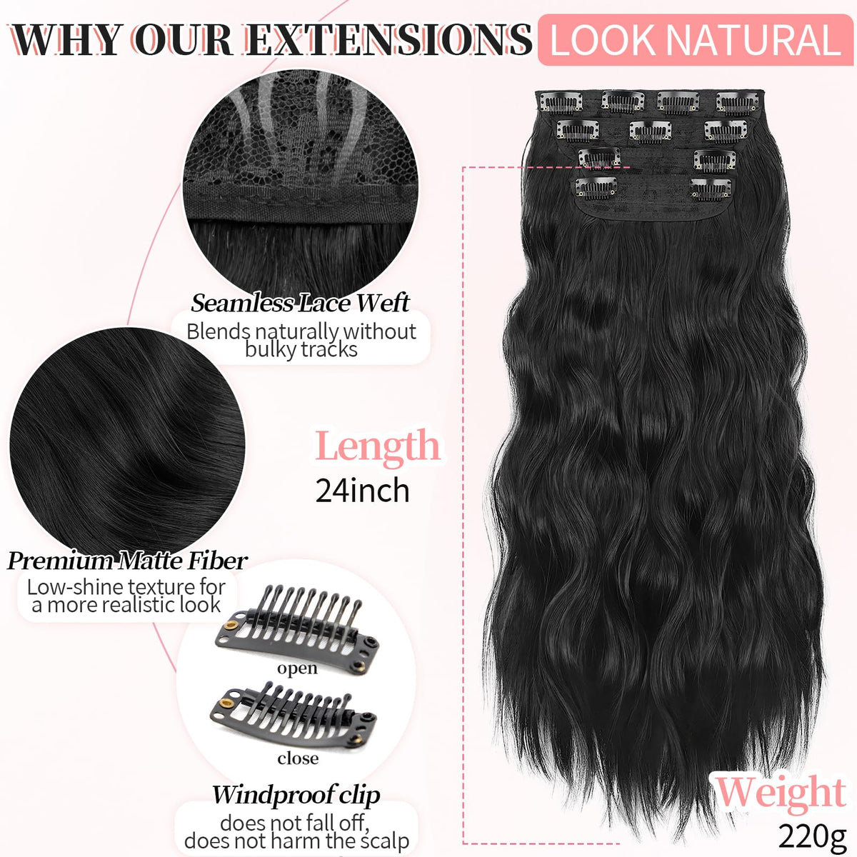 KooKaStyle Wavy Thick Clip in Hair Extensions 24 inch black back view