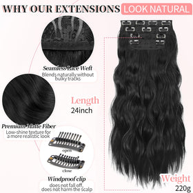 KooKaStyle Wavy Thick Clip in Hair Extensions 24 inch black back view