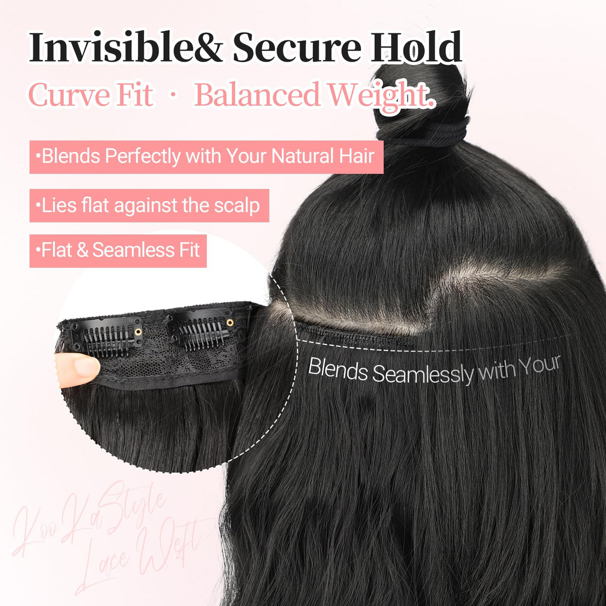 KooKaStyle Wavy Thick Clip in Hair Extensions 24 inch black close-up of clips