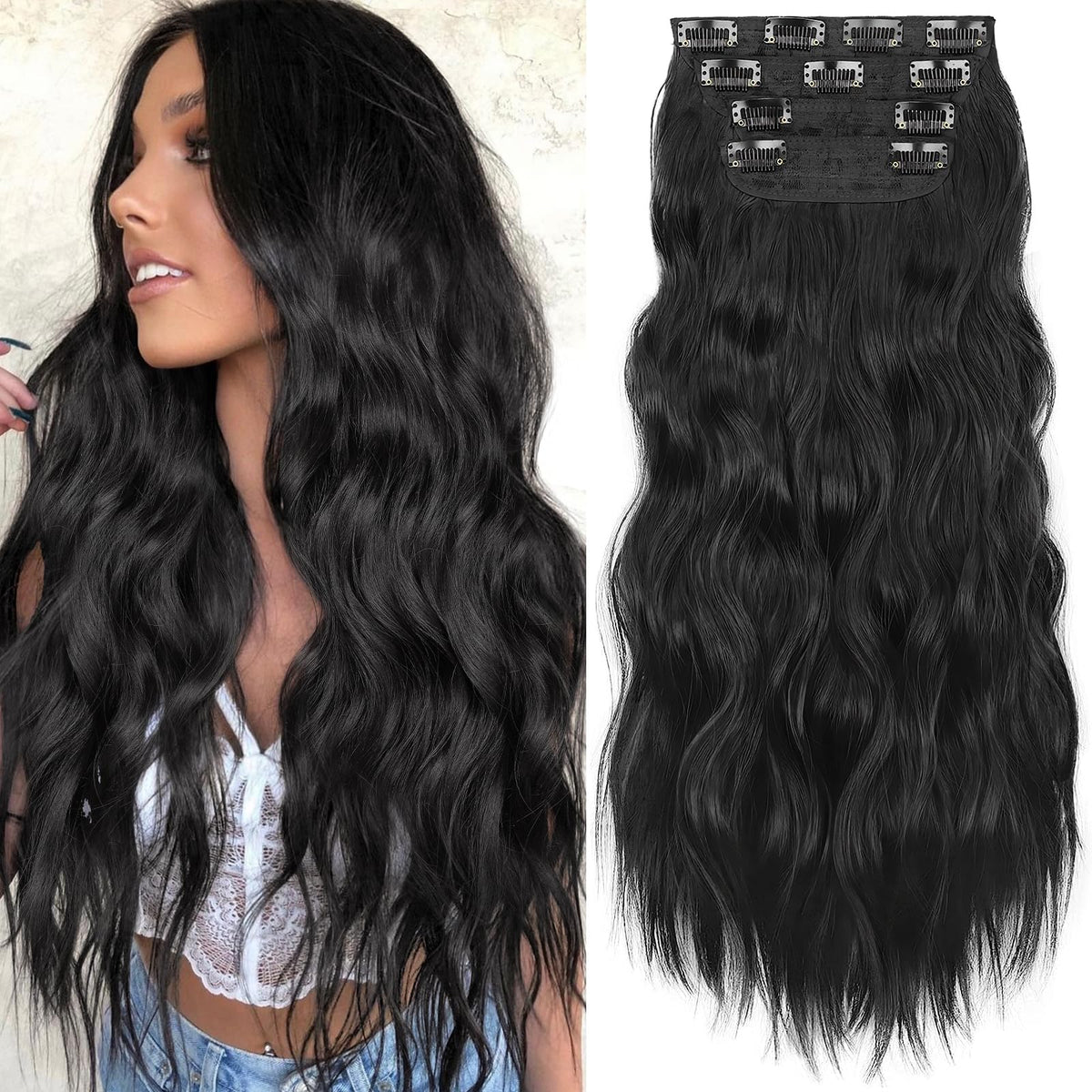 KooKaStyle Wavy Thick Clip in Hair Extensions 24 inch black front view