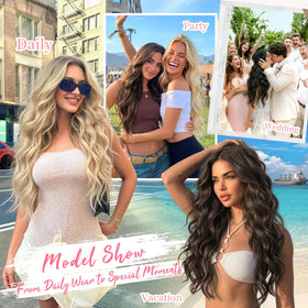 KooKaStyle Wavy Thick Clip in Hair Extensions 24 inch black in lifestyle setting