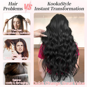 KooKaStyle Wavy Thick Clip in Hair Extensions 24 inch black styled on mannequin