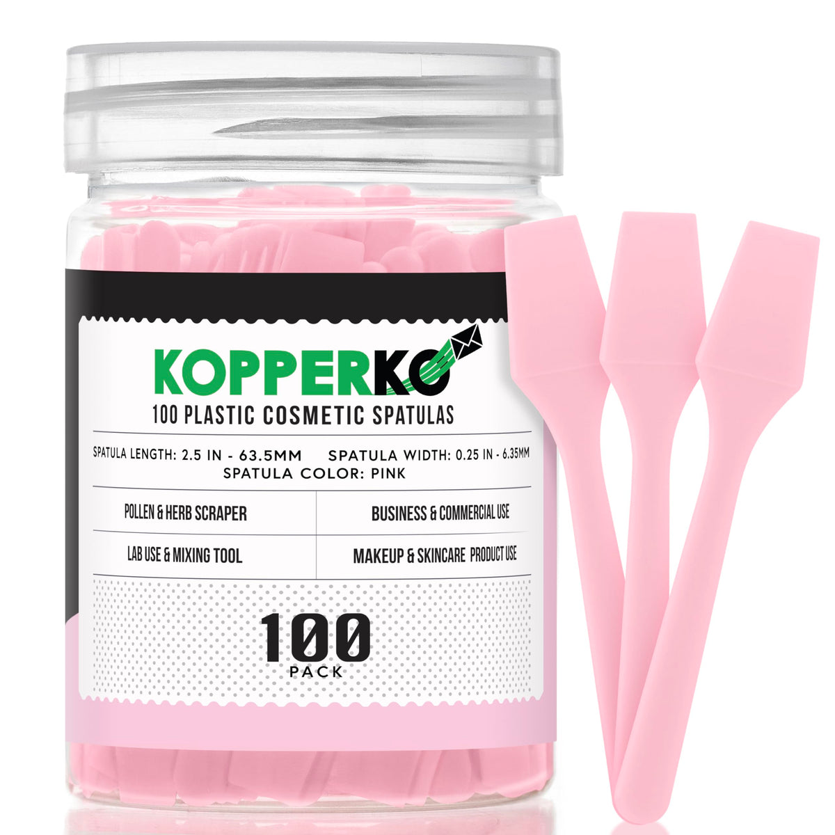 Kopperko Cosmetic Spatulas 100 pack front view with pink spatulas