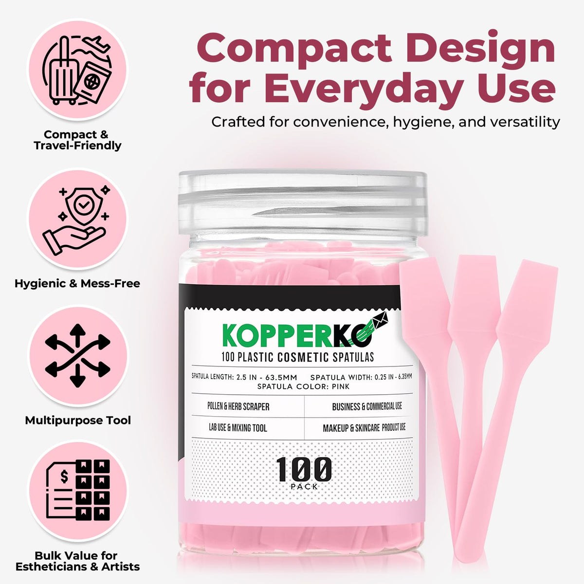 Kopperko Cosmetic Spatulas showing the size and shape of the spatulas