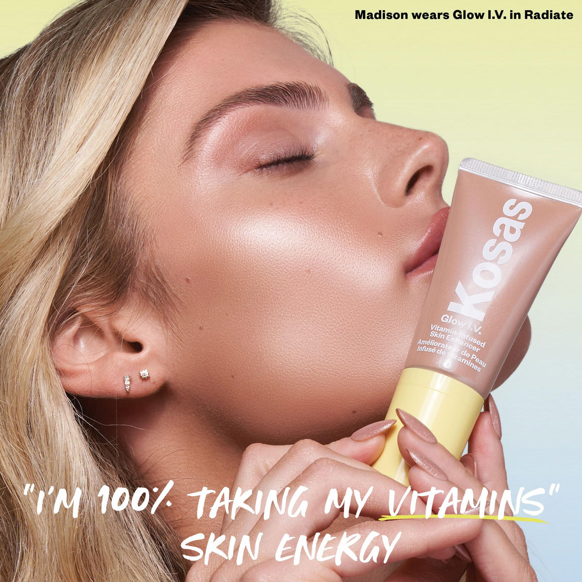Kosas Glow I.V. Skin Illuminating support in a makeup setup