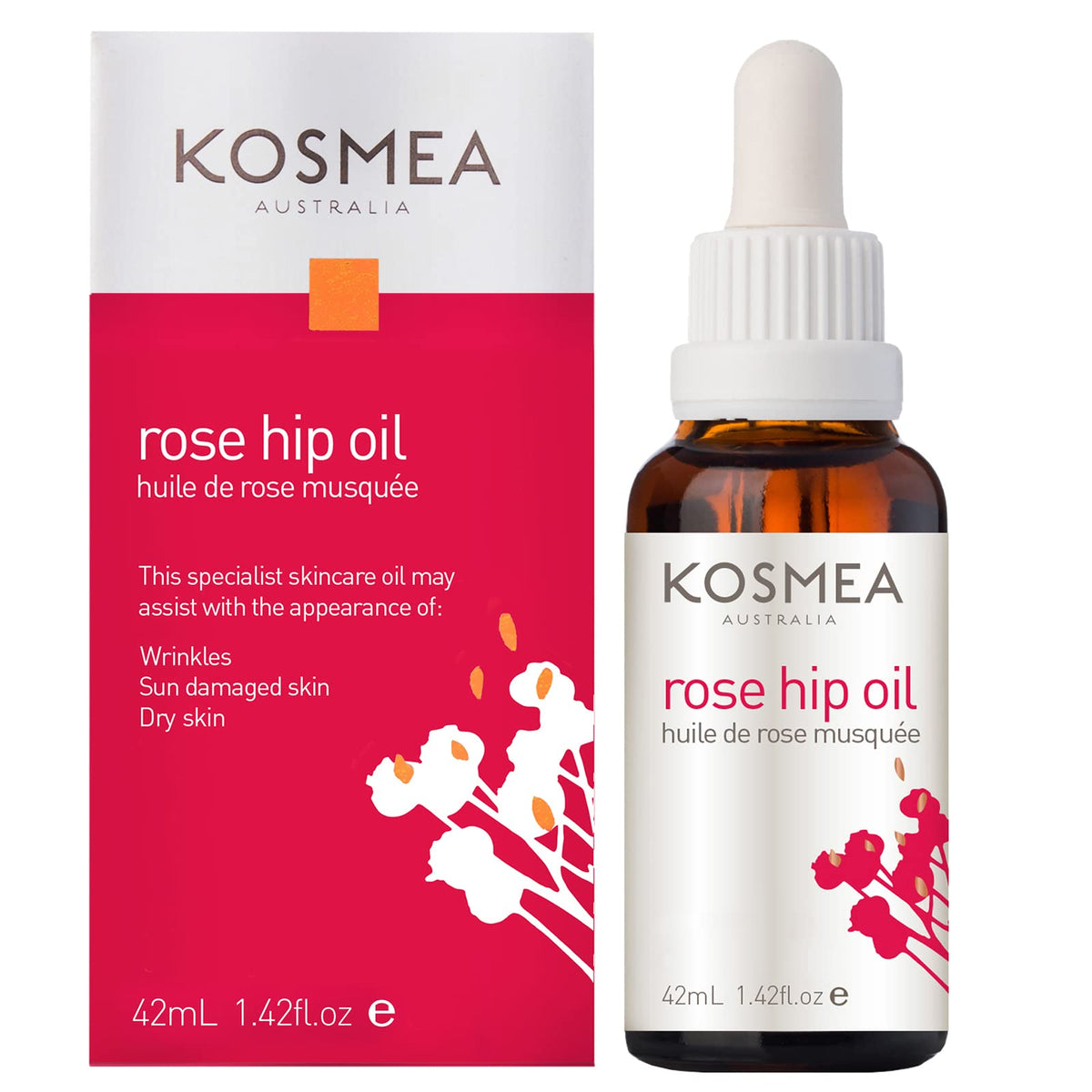 Kosmea Rosehip Oil 1.42 fl oz front view with packaging