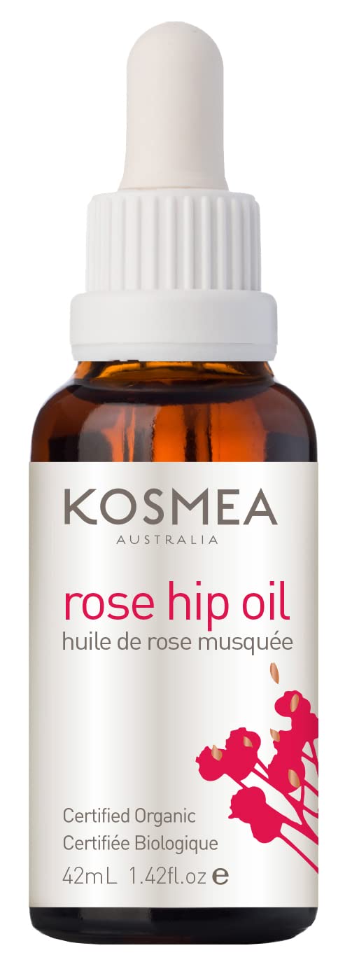 Kosmea Rosehip Oil bottle close-up showing the amber colour