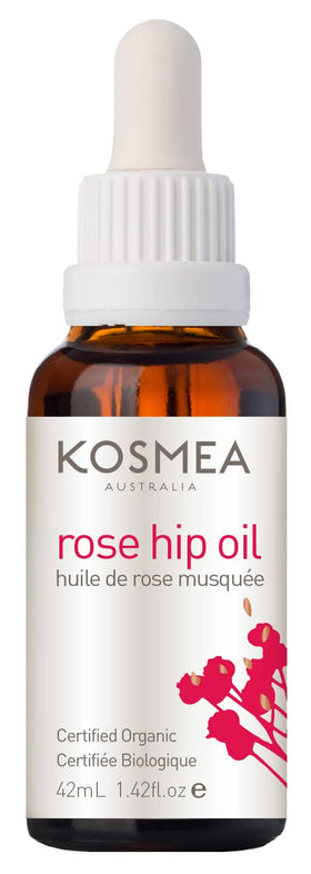 Kosmea Rosehip Oil bottle close-up showing the amber colour