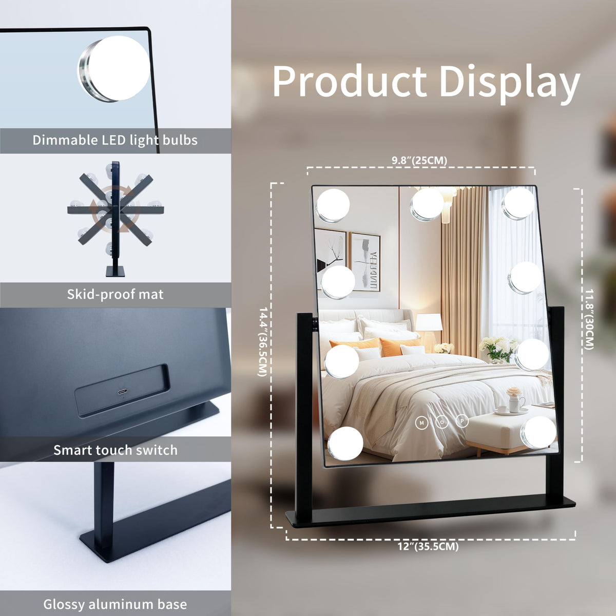 Kotdning lighted vanity mirror with adjustable brightness settings