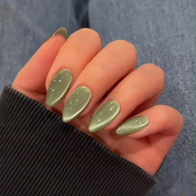 KQueenest Cat Eye Press on Nails sage green front view with glitter finish