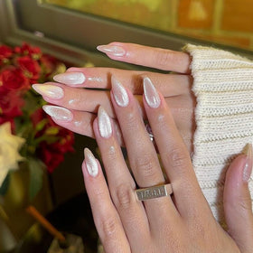 KQueenest Glitter Cat Eye Press on Nails front view with nude sparkle