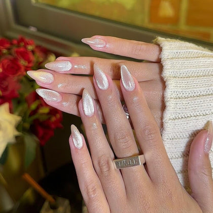 KQueenest Glitter Cat Eye Press on Nails front view with nude sparkle