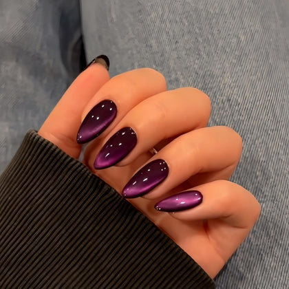 KQueenest Purple Cat Eye Press on Nails front view with black glitter