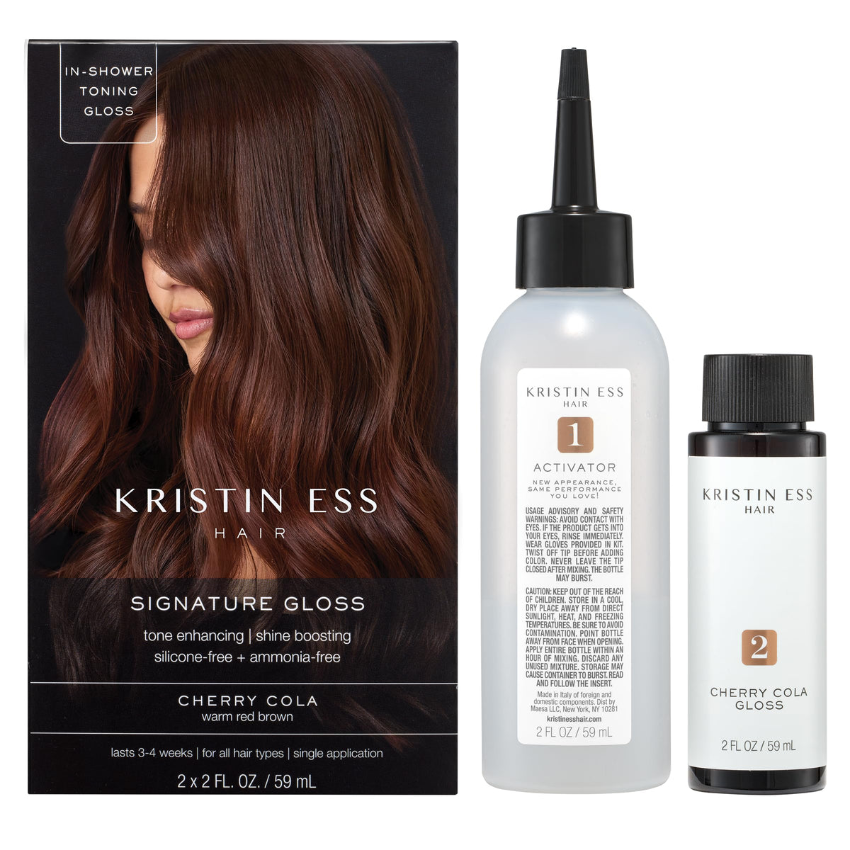 Kristin Ess Hair Gloss Cherry Cola side view showing bottle details