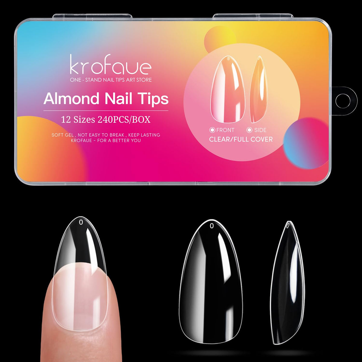 krofaue 240PCS Short Almond Nail Tips in storage box