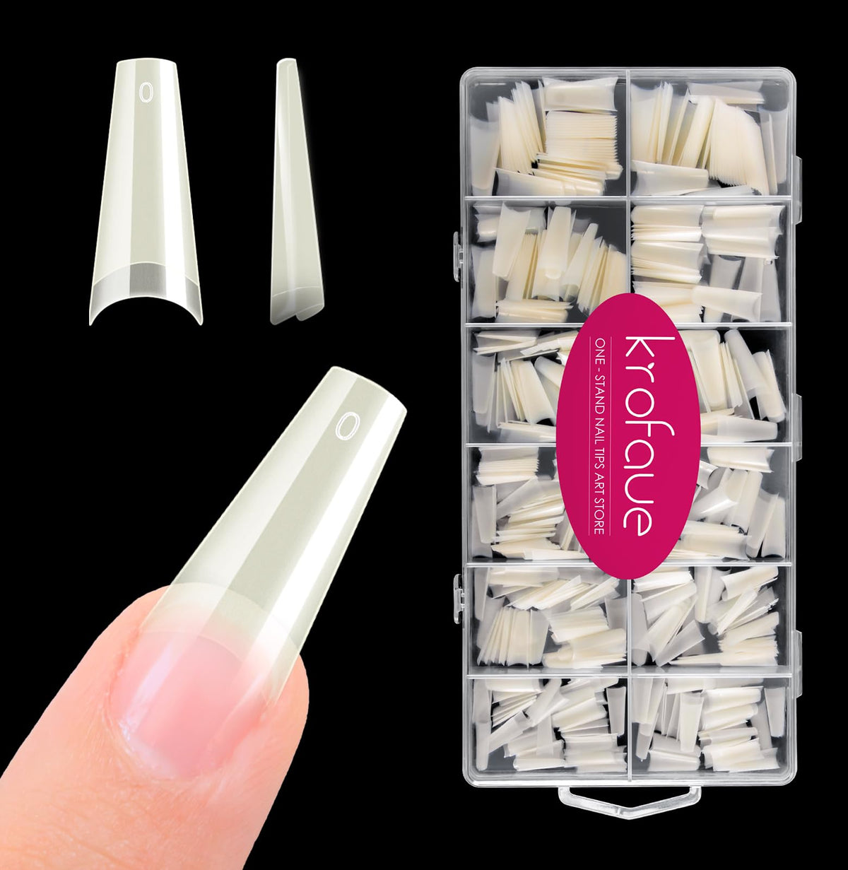 krofaue 600pcs natural acrylic nail tips square front view