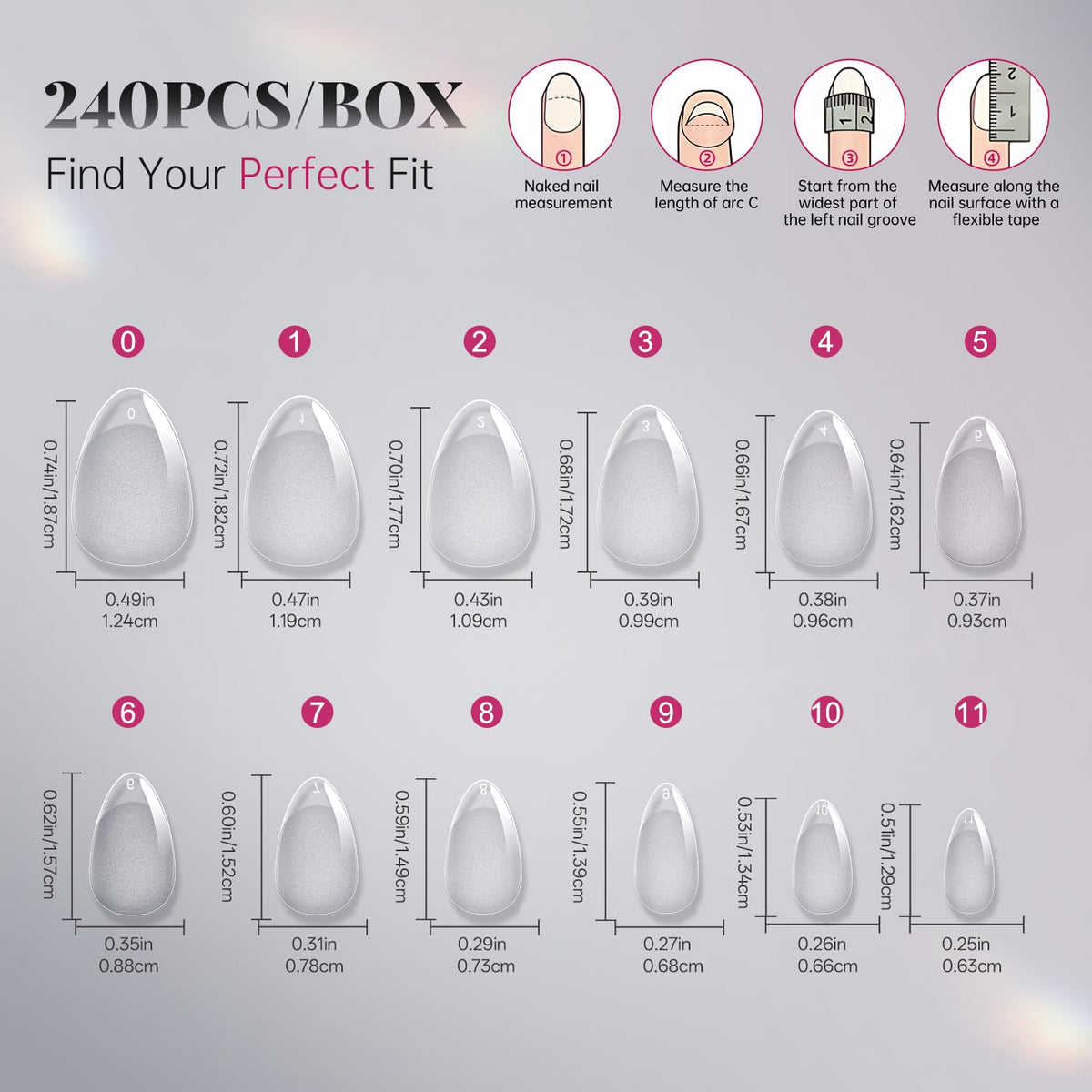 krofaue Almond Nail Tips 240pcs assorted sizes