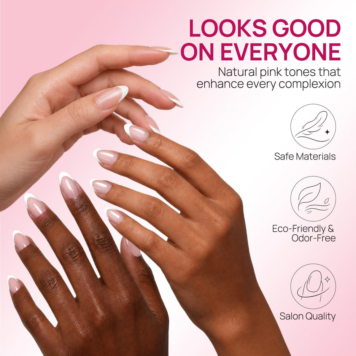 krofaue French Tip Short Almond Nail Tips displayed on a nail stand