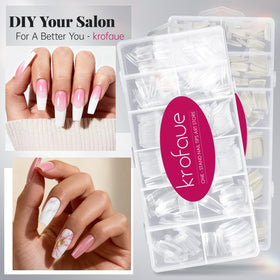 krofaue nail tips in natural colour on a manicure table