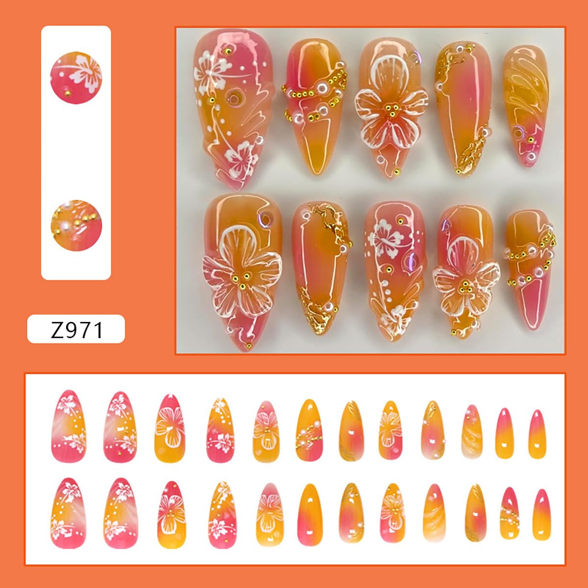 KRTBKR 24Pcs Flower Press on Nails with gold pearl rhinestones
