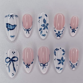 KRTBKR 24Pcs French Tip Press On Nails medium almond design front view