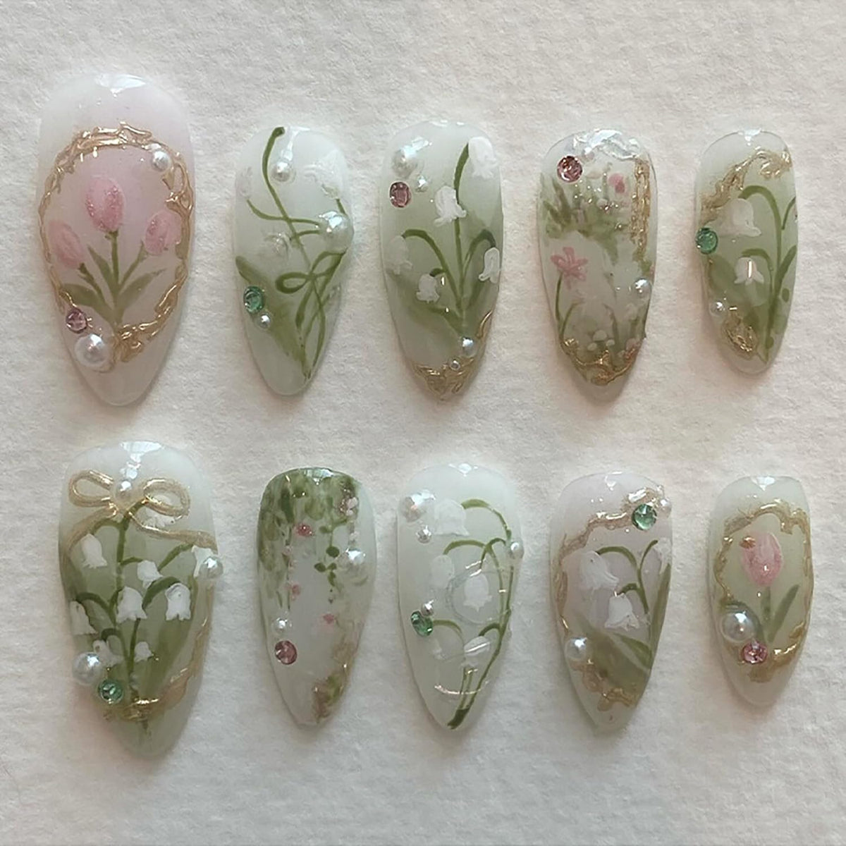 KRTBKR 24Pcs Medium Almond Green Press On Nails front view