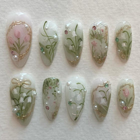 KRTBKR 24Pcs Medium Almond Green Press On Nails front view