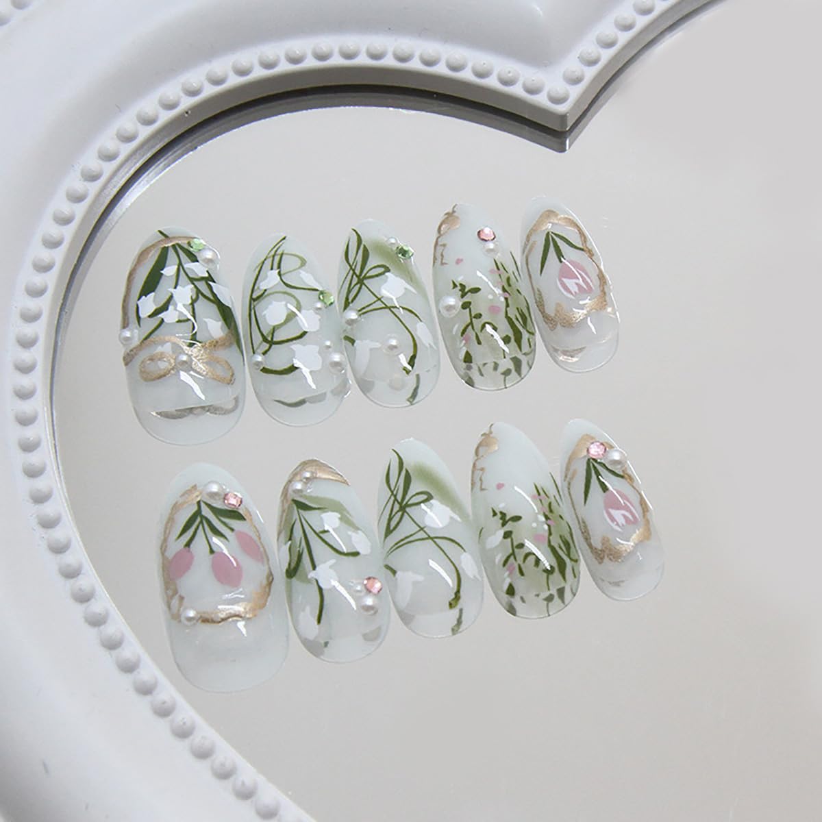 KRTBKR 24Pcs Medium Almond Green Press On Nails in packaging