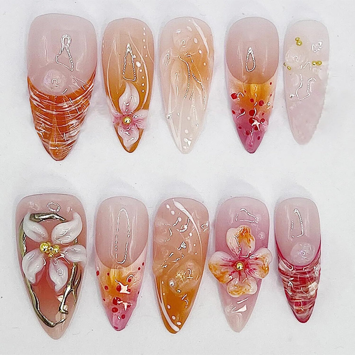 KRTBKR 24Pcs press on nails almond shape with 3D flower design