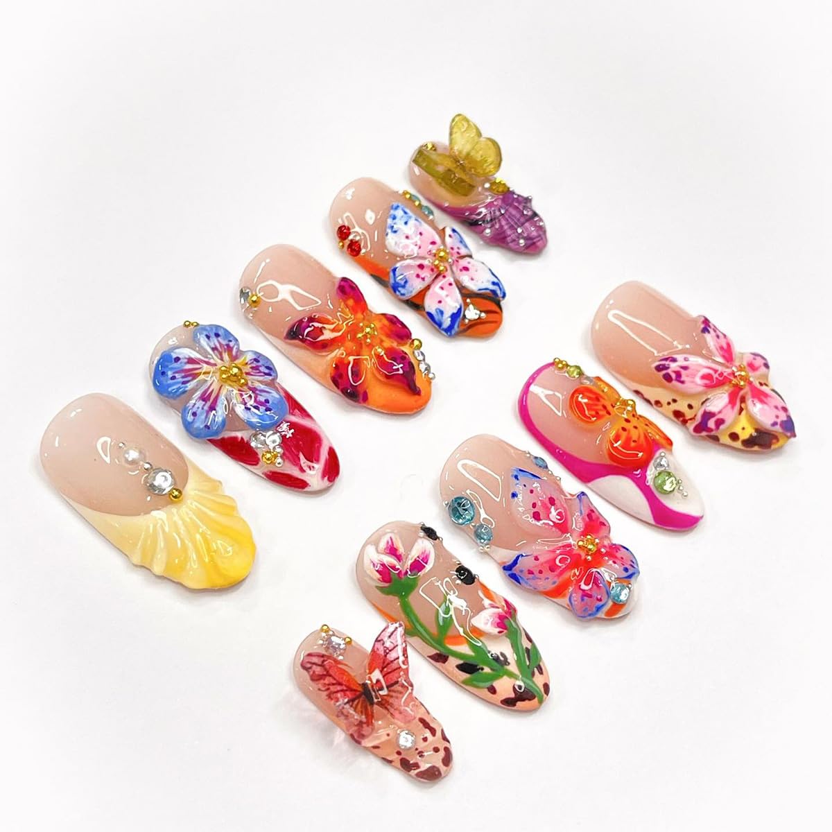 KRTBKR 24Pcs press on nails with gold charm beads and rhinestones
