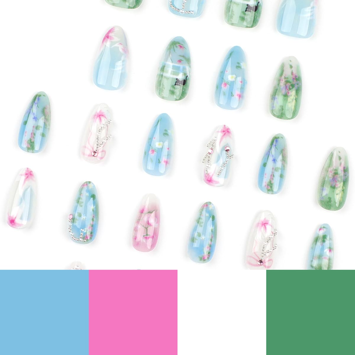 KRTBKR almond press on nails with glitter designs close-up