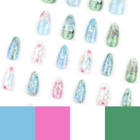 KRTBKR almond press on nails with glitter designs close-up