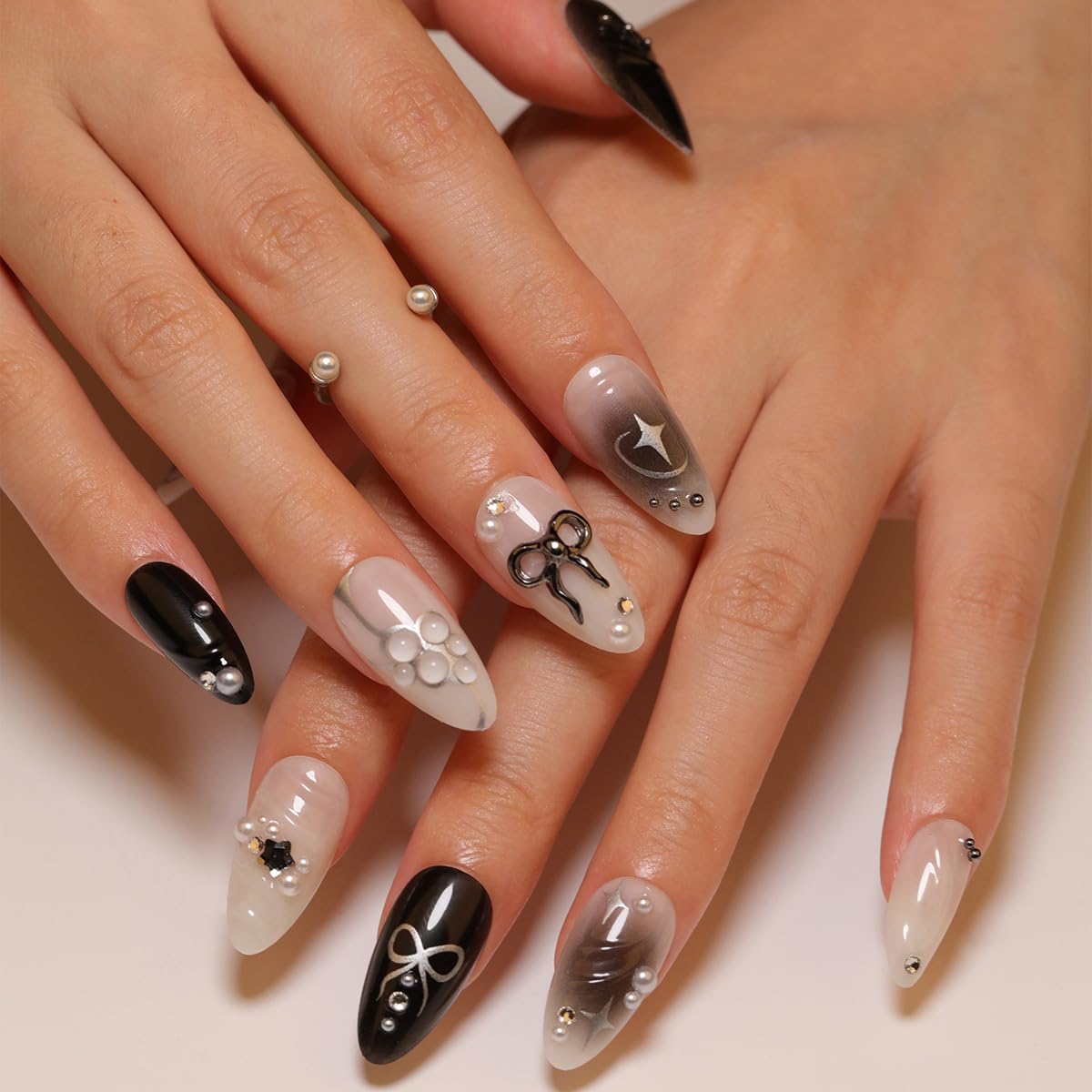 KRTBKR black press on nails with glitter design close-up