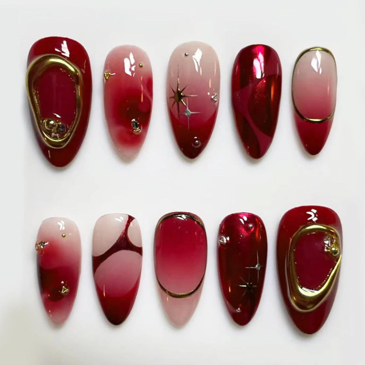KRTBKR Ombre Red Press On Nails front view with rhinestones