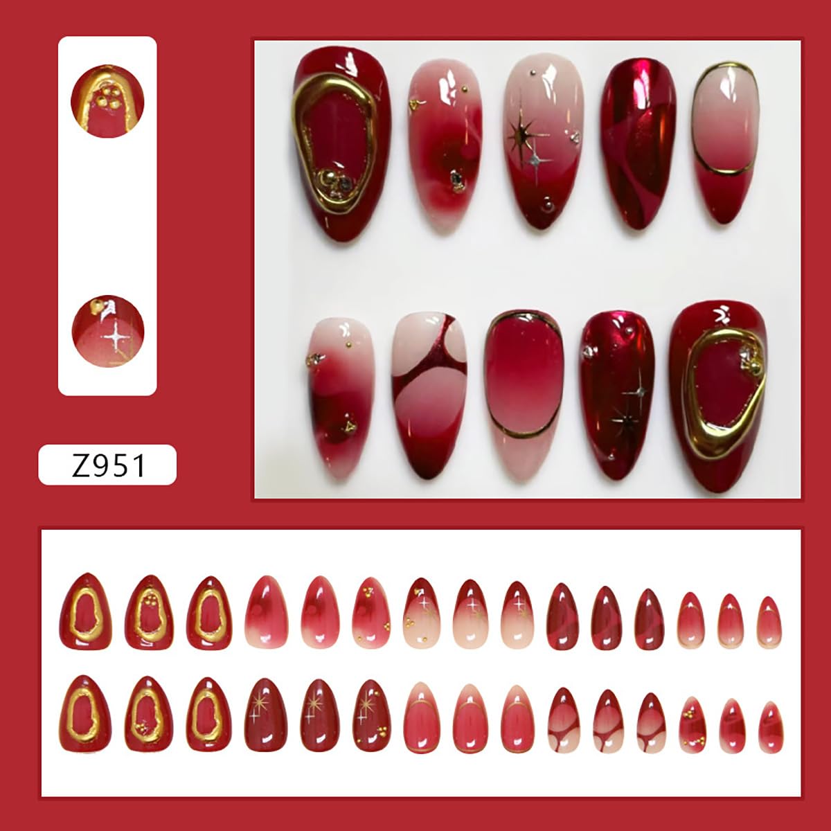 KRTBKR Ombre Red Press On Nails side view showing design