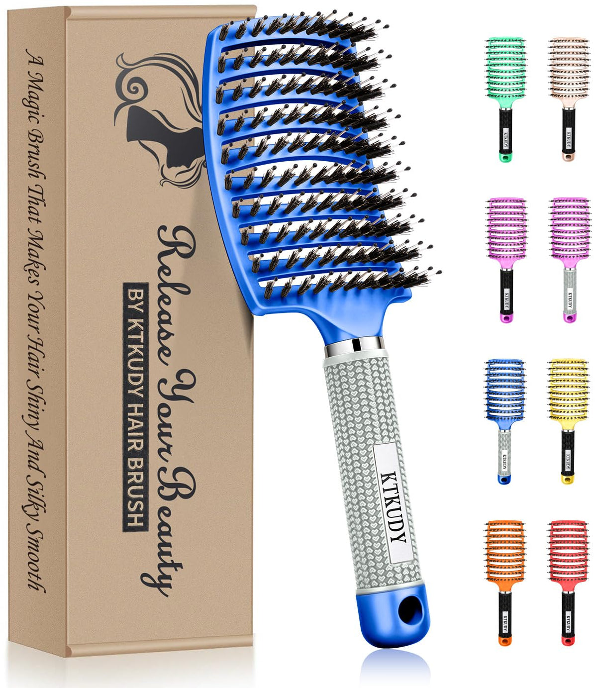 KTKUDY Detangling Brush front view with boar bristles