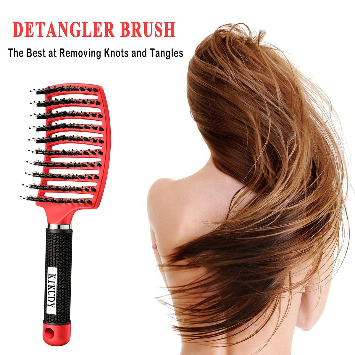 KTKUDY Detangling Brush in a lifestyle setting with a woman brushing her hair