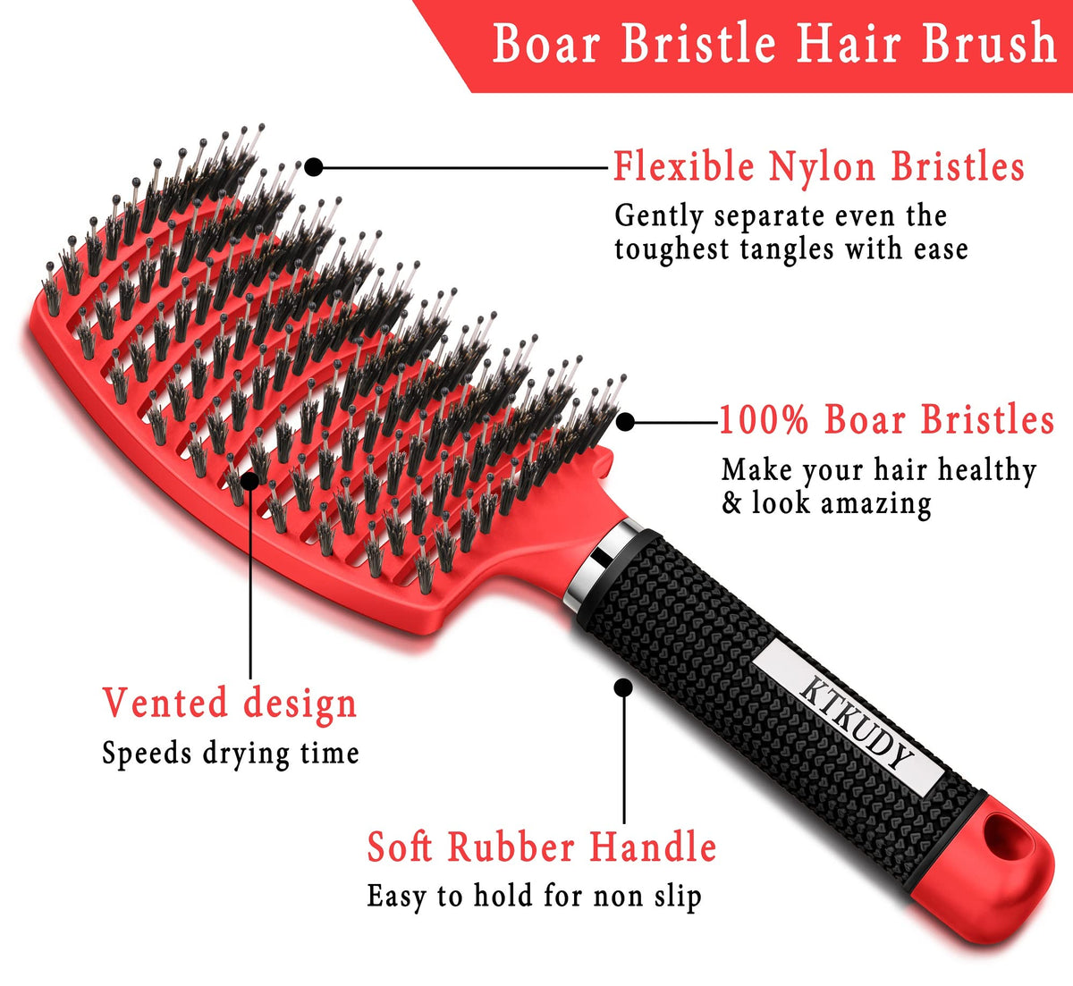 KTKUDY Detangling Brush side view showing flexible bristles