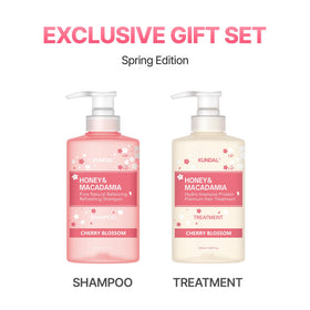 KUNDAL hair care set displayed with cherry blossoms