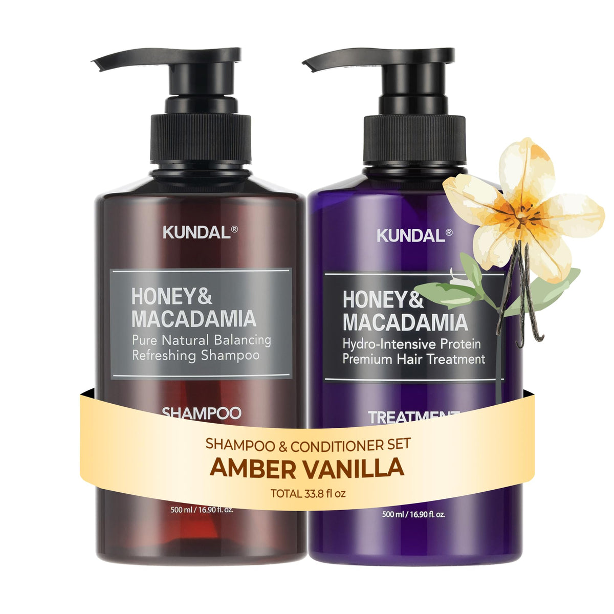 KUNDAL Honey & Macadamia Shampoo front view, Amber Vanilla scent