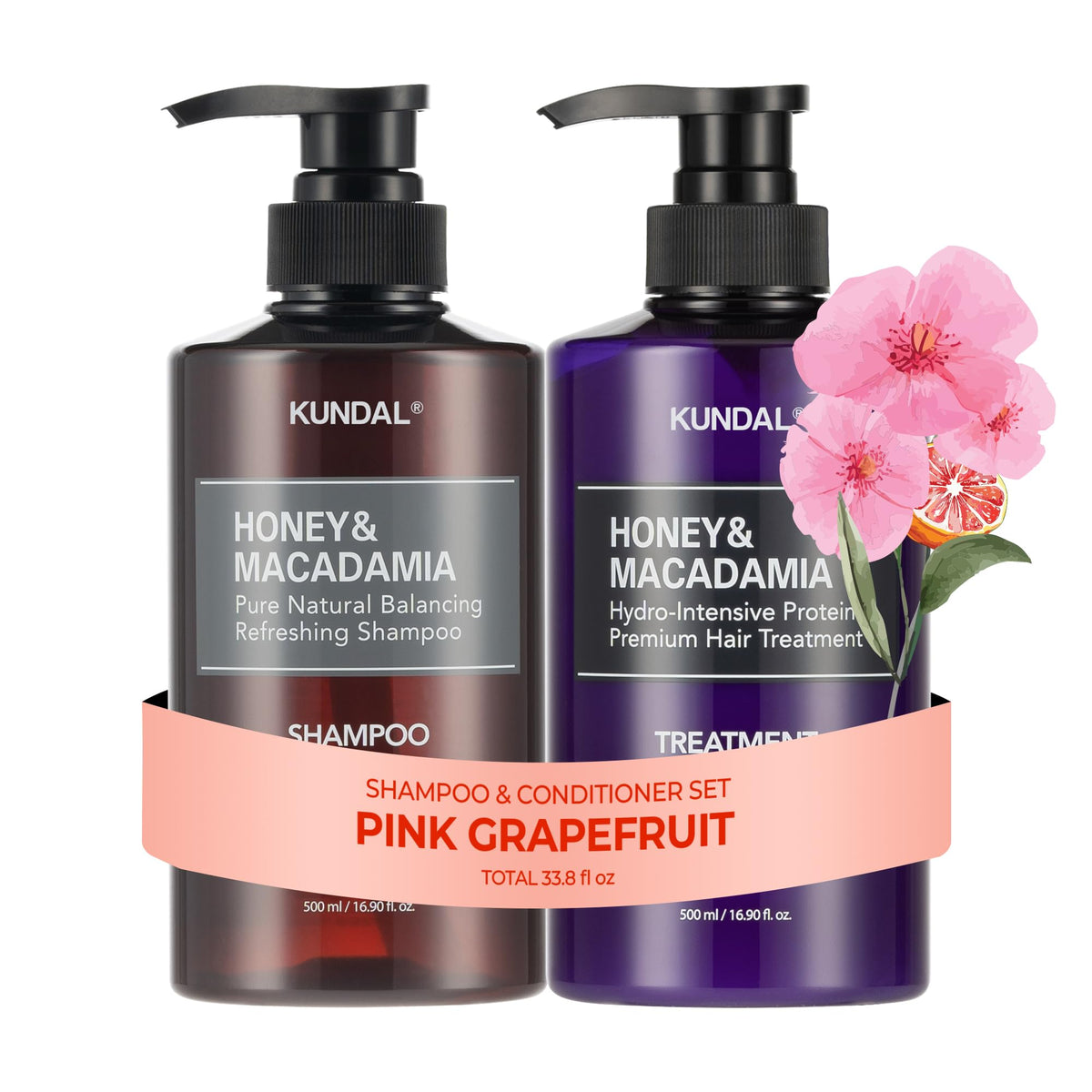 KUNDAL Honey & Macadamia Shampoo front view with Pink Grapefruit scent